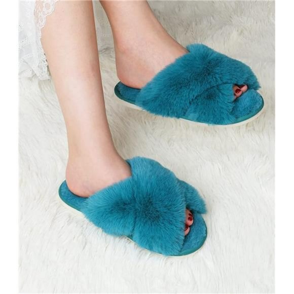 Cross Band Cozy Plush Home Slippers Fluffy Furry Open Toe House Slide Slipper - Picture 7 of 7